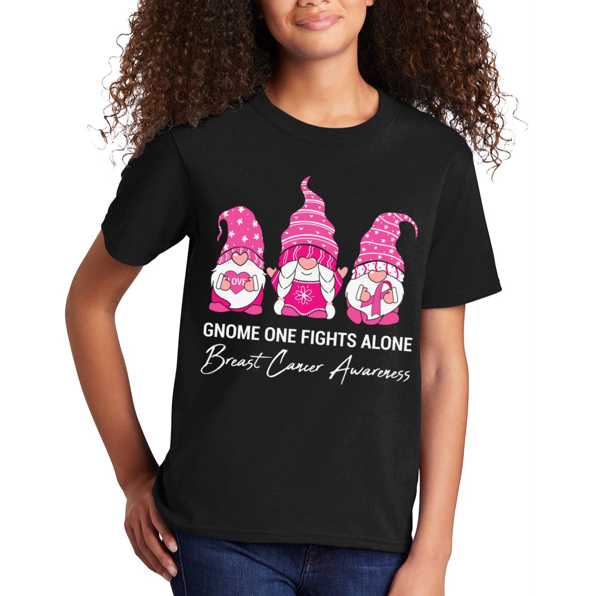 Breast Cancer Awareness Gnome No One Fights Alone Kids T-Shirt