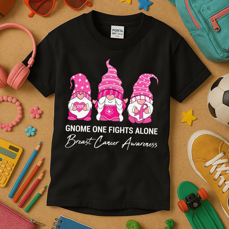 Breast Cancer Awareness Gnome No One Fights Alone Kids T-Shirt