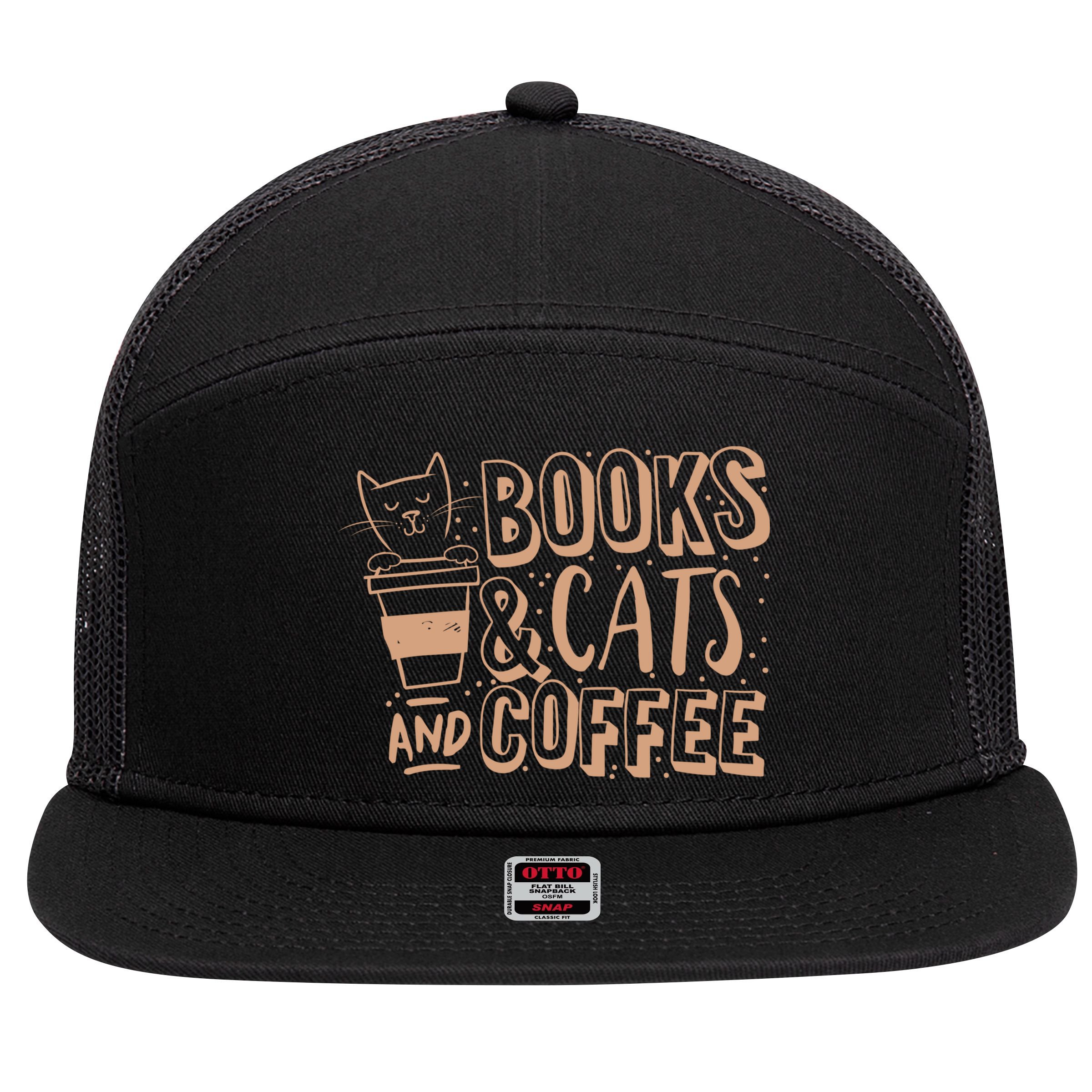 Books Cats And Coffee Lover 7 Panel Mesh Trucker Snapback Hat