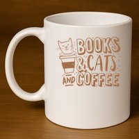 Books Cats And Coffee Lover 11oz C Handle Ceramic Mug