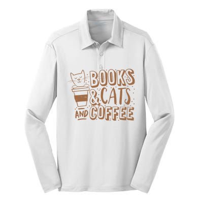 Books Cats And Coffee Lover Silk Touch Performance Long Sleeve Polo