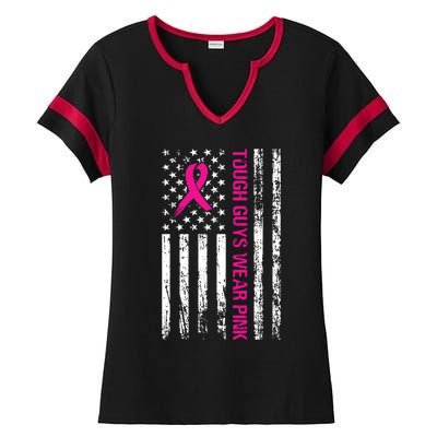 Breast Cancer Awareness Tough Guys Wear Pink American Us Flag Pink Ribbon Ladies Halftime Notch Neck Tee