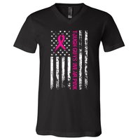 Breast Cancer Awareness Tough Guys Wear Pink American Us Flag Pink Ribbon V-Neck T-Shirt