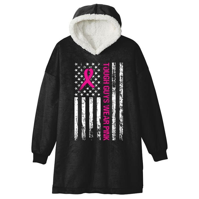 Breast Cancer Awareness Tough Guys Wear Pink American Us Flag Pink Ribbon Hooded Wearable Blanket