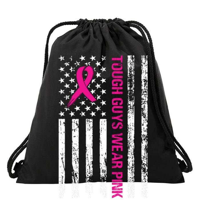 Breast Cancer Awareness Tough Guys Wear Pink American Us Flag Pink Ribbon Drawstring Bag