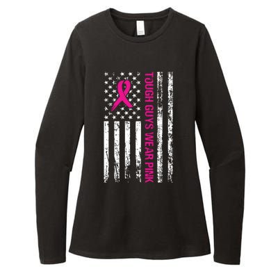 Breast Cancer Awareness Tough Guys Wear Pink American Us Flag Pink Ribbon Womens CVC Long Sleeve Shirt