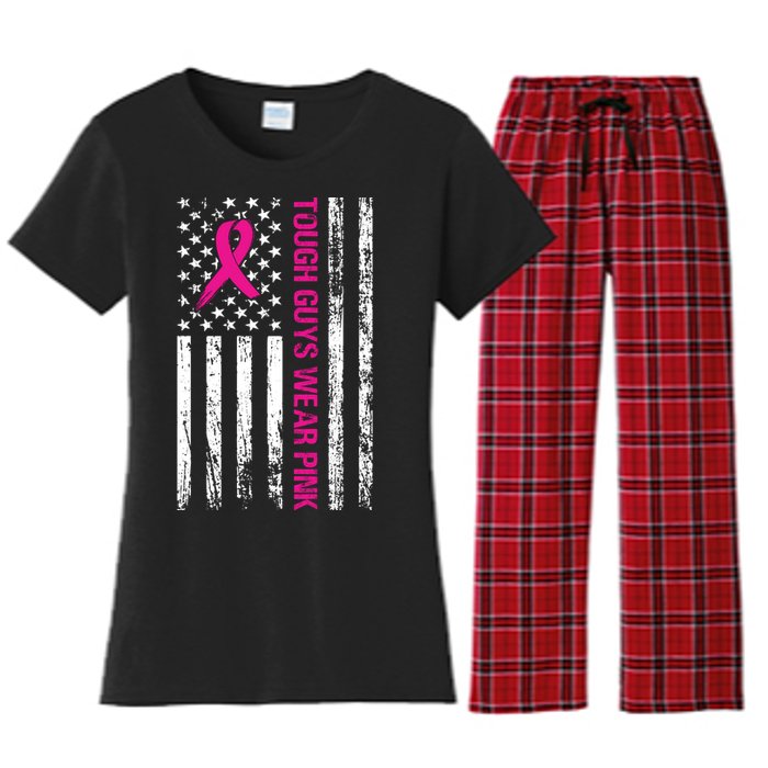 Breast Cancer Awareness Tough Guys Wear Pink American Us Flag Pink Ribbon Women's Flannel Pajama Set