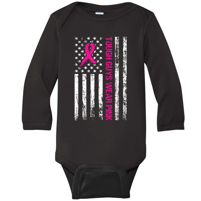 Breast Cancer Awareness Tough Guys Wear Pink American Us Flag Pink Ribbon Baby Long Sleeve Bodysuit