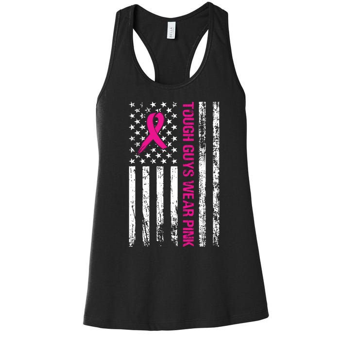 Breast Cancer Awareness Tough Guys Wear Pink American Us Flag Pink Ribbon Women's Racerback Tank