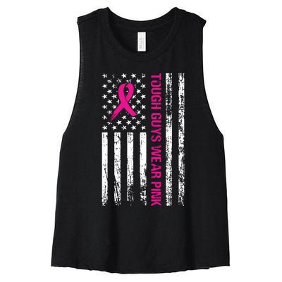 Breast Cancer Awareness Tough Guys Wear Pink American Us Flag Pink Ribbon Women's Racerback Cropped Tank