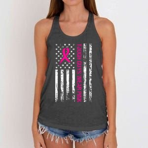 Breast Cancer Awareness Tough Guys Wear Pink American Us Flag Pink Ribbon Women's Knotted Racerback Tank