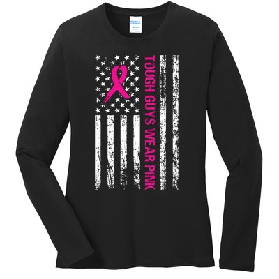 Breast Cancer Awareness Tough Guys Wear Pink American Us Flag Pink Ribbon Ladies Long Sleeve Shirt