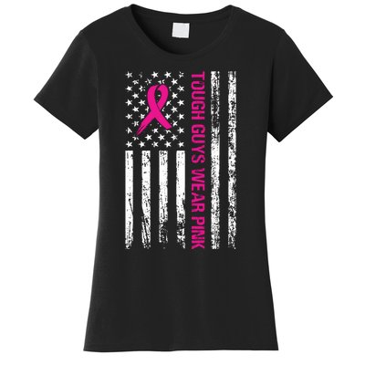 Breast Cancer Awareness Tough Guys Wear Pink American Us Flag Pink Ribbon Women's T-Shirt