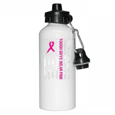 Breast Cancer Awareness Tough Guys Wear Pink American Us Flag Pink Ribbon Aluminum Water Bottle