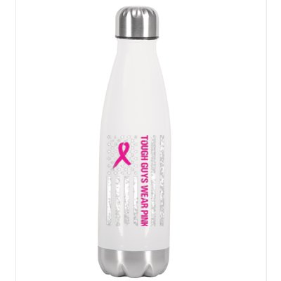 Breast Cancer Awareness Tough Guys Wear Pink American Us Flag Pink Ribbon Stainless Steel Insulated Water Bottle