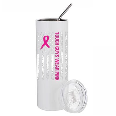 Breast Cancer Awareness Tough Guys Wear Pink American Us Flag Pink Ribbon Stainless Steel Tumbler