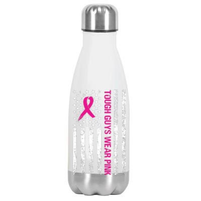 Breast Cancer Awareness Tough Guys Wear Pink American Us Flag Pink Ribbon Stainless Steel Insulated Water Bottle