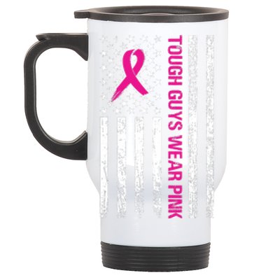 Breast Cancer Awareness Tough Guys Wear Pink American Us Flag Pink Ribbon Stainless Steel Travel Mug