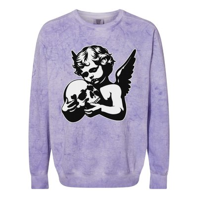 Blackwork Cherub Angel Holding Skull Colorblast Crewneck Sweatshirt