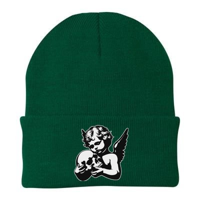 Blackwork Cherub Angel Holding Skull Knit Cap Winter Beanie