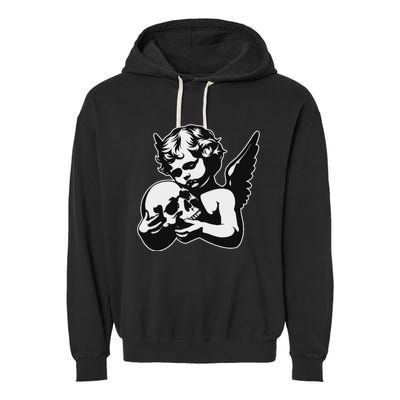 Blackwork Cherub Angel Holding Skull Garment-Dyed Fleece Hoodie