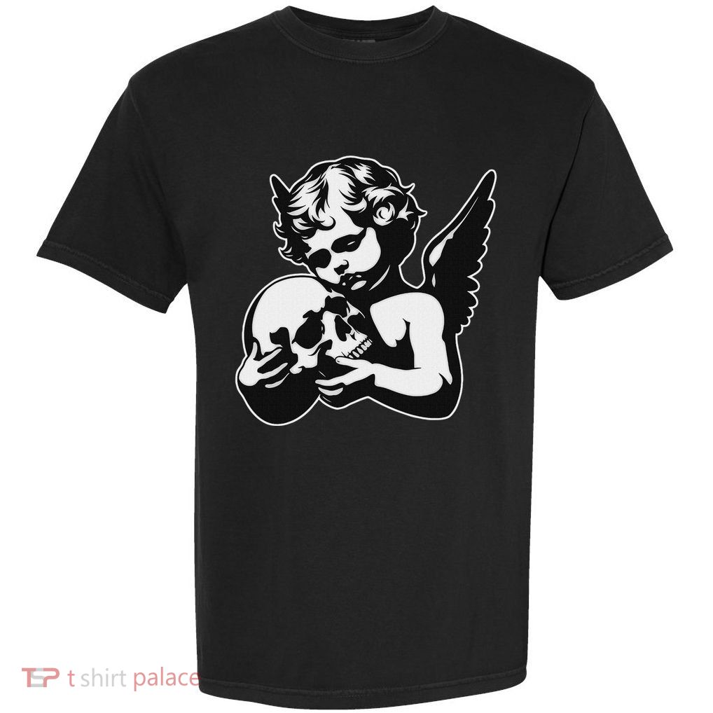 Blackwork Cherub Angel Holding Skull Garment-Dyed Heavyweight T-Shirt