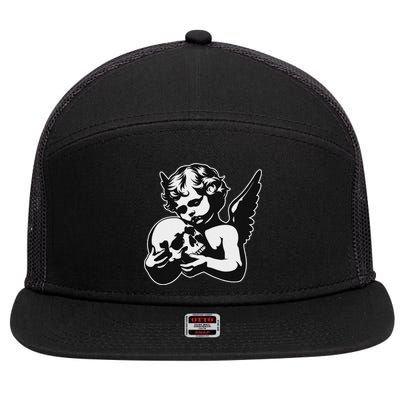 Blackwork Cherub Angel Holding Skull 7 Panel Mesh Trucker Snapback Hat