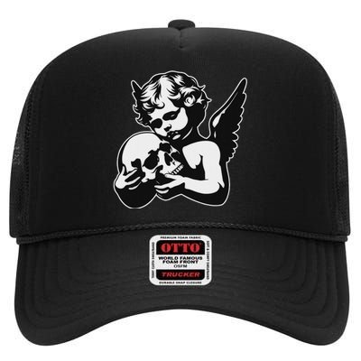 Blackwork Cherub Angel Holding Skull High Crown Mesh Back Trucker Hat