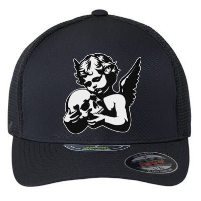 Blackwork Cherub Angel Holding Skull Flexfit Unipanel Trucker Cap