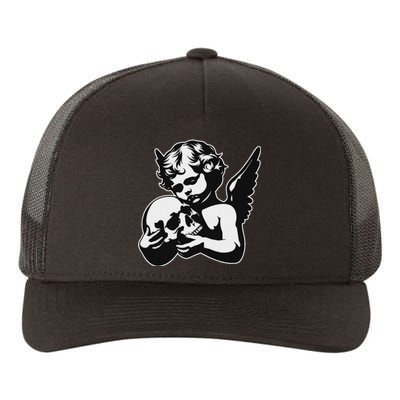 Blackwork Cherub Angel Holding Skull Yupoong Adult 5-Panel Trucker Hat