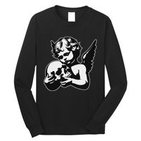 Blackwork Cherub Angel Holding Skull Long Sleeve Shirt