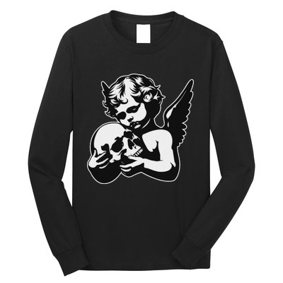 Blackwork Cherub Angel Holding Skull Long Sleeve Shirt