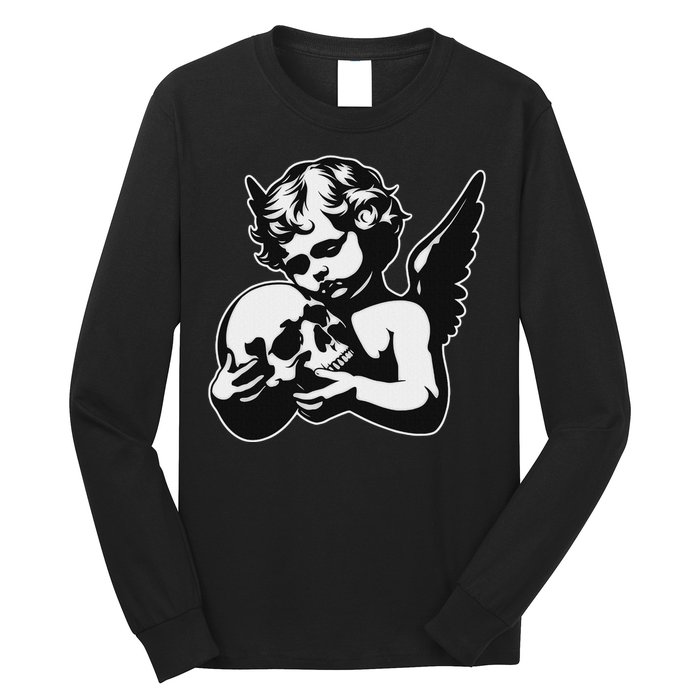 Blackwork Cherub Angel Holding Skull Long Sleeve Shirt