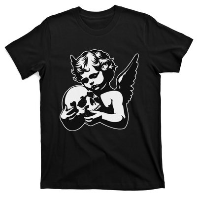 Blackwork Cherub Angel Holding Skull T-Shirt