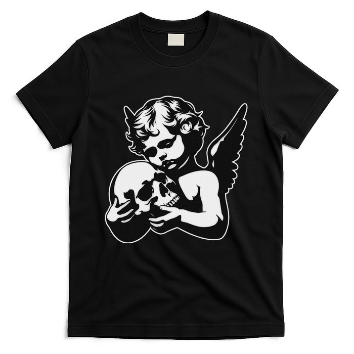 Blackwork Cherub Angel Holding Skull T-Shirt