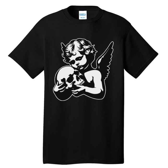 Blackwork Cherub Angel Holding Skull Tall T-Shirt