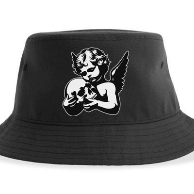 Blackwork Cherub Angel Holding Skull Sustainable Bucket Hat