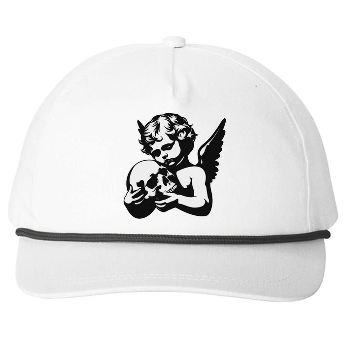 Blackwork Cherub Angel Holding Skull Snapback Five-Panel Rope Hat