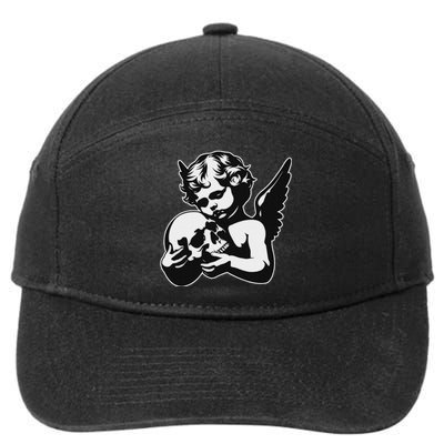 Blackwork Cherub Angel Holding Skull 7-Panel Snapback Hat