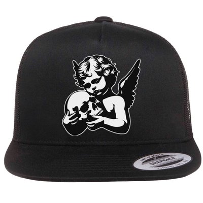 Blackwork Cherub Angel Holding Skull Flat Bill Trucker Hat