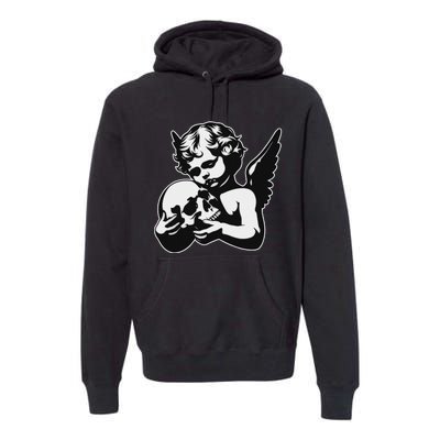 Blackwork Cherub Angel Holding Skull Premium Hoodie