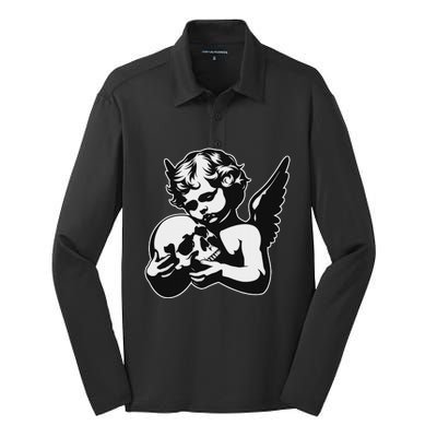 Blackwork Cherub Angel Holding Skull Silk Touch Performance Long Sleeve Polo