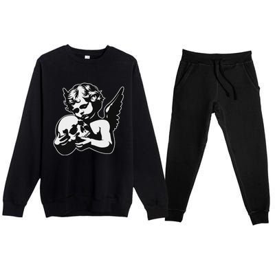 Blackwork Cherub Angel Holding Skull Premium Crewneck Sweatsuit Set