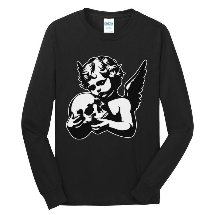 Blackwork Cherub Angel Holding Skull Tall Long Sleeve T-Shirt