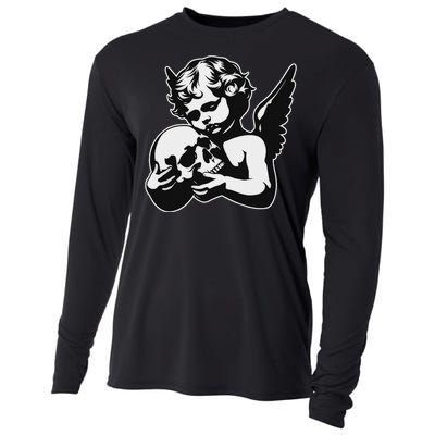 Blackwork Cherub Angel Holding Skull Cooling Performance Long Sleeve Crew