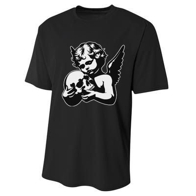 Blackwork Cherub Angel Holding Skull Performance Sprint T-Shirt