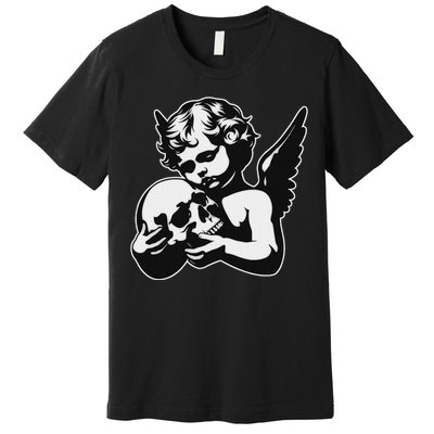 Blackwork Cherub Angel Holding Skull Premium T-Shirt