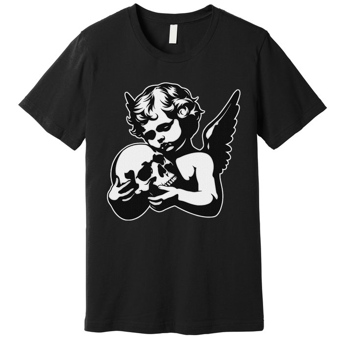 Blackwork Cherub Angel Holding Skull Premium T-Shirt