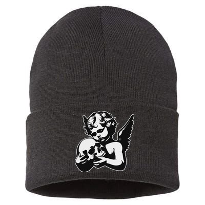 Blackwork Cherub Angel Holding Skull Sustainable Knit Beanie