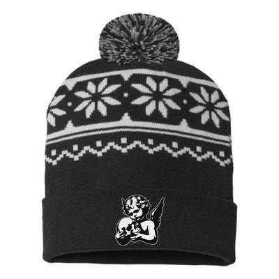 Blackwork Cherub Angel Holding Skull USA-Made Snowflake Beanie